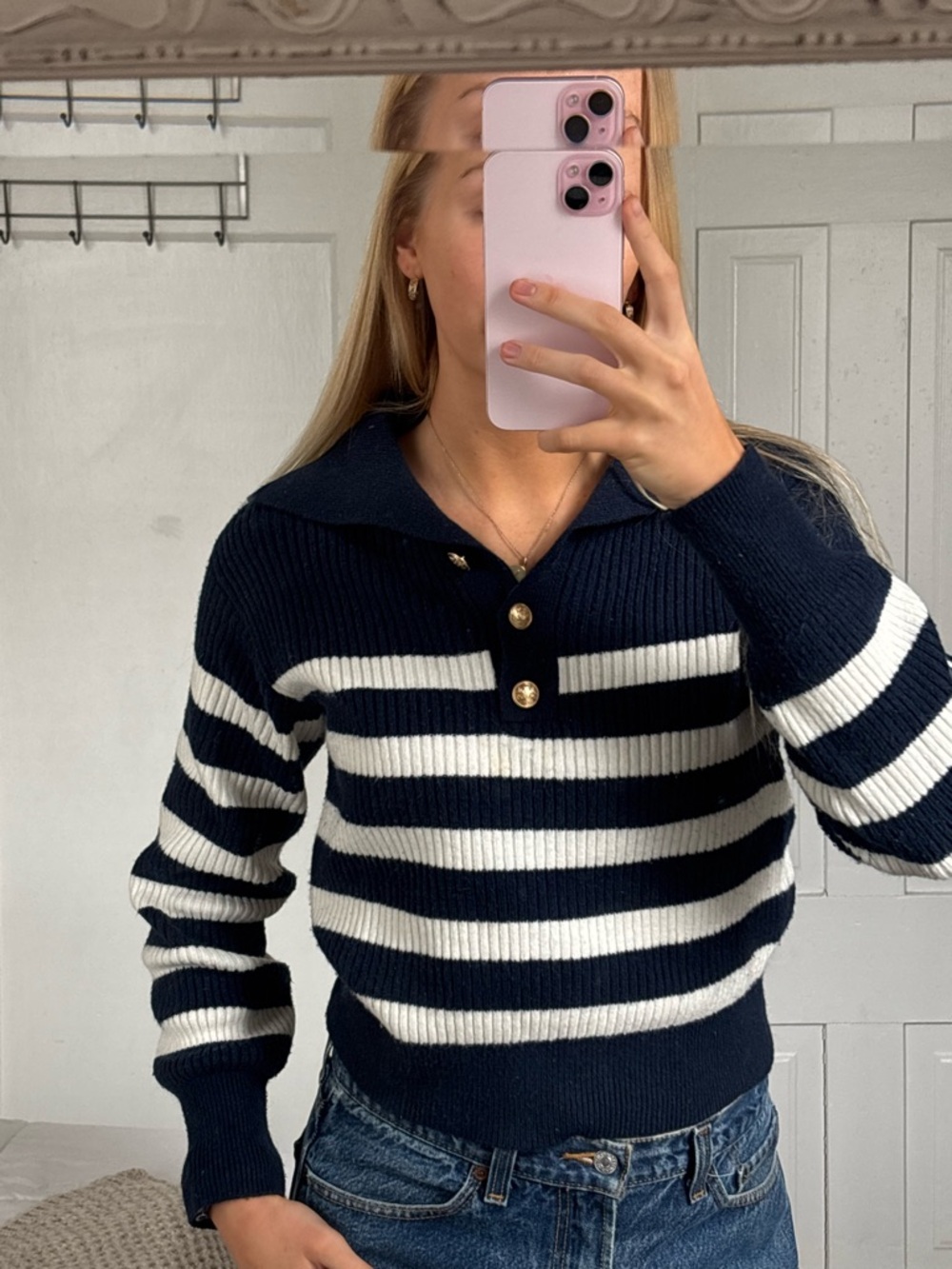 LOFT Navy and White Striped V‑Neck Polo Sweater